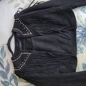 Black studded cropped Faux-Suede Fringe Jacket